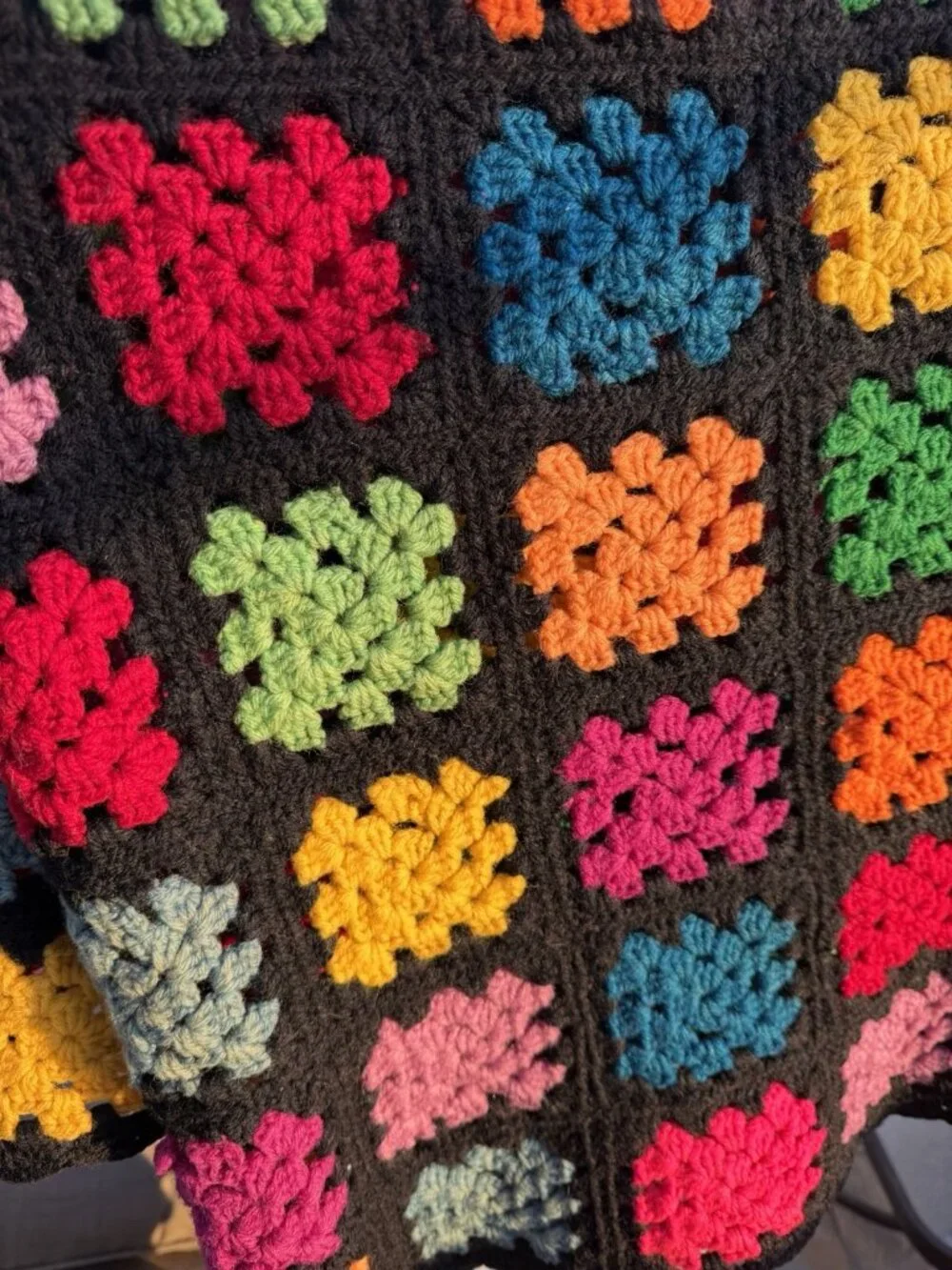 Vintage Granny Square grandmacore black multicolor blanket throw crochet cottage
